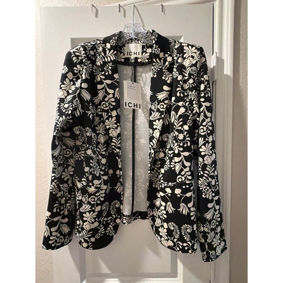 ICHI Jackets & Blazers - Ichi Black White Floral Blazer XL Open Front Recycled Fiber Stretch Jacket NWT
